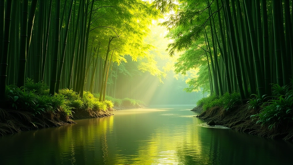 Bosque de bambúes con luz natural filtrándose entre las hojas