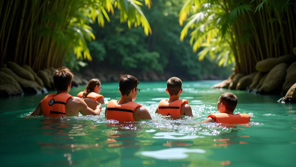 Grupo de personas nadando en poza natural, usando chalecos salvavidas, supervisadas por guía experimentado, día soleado