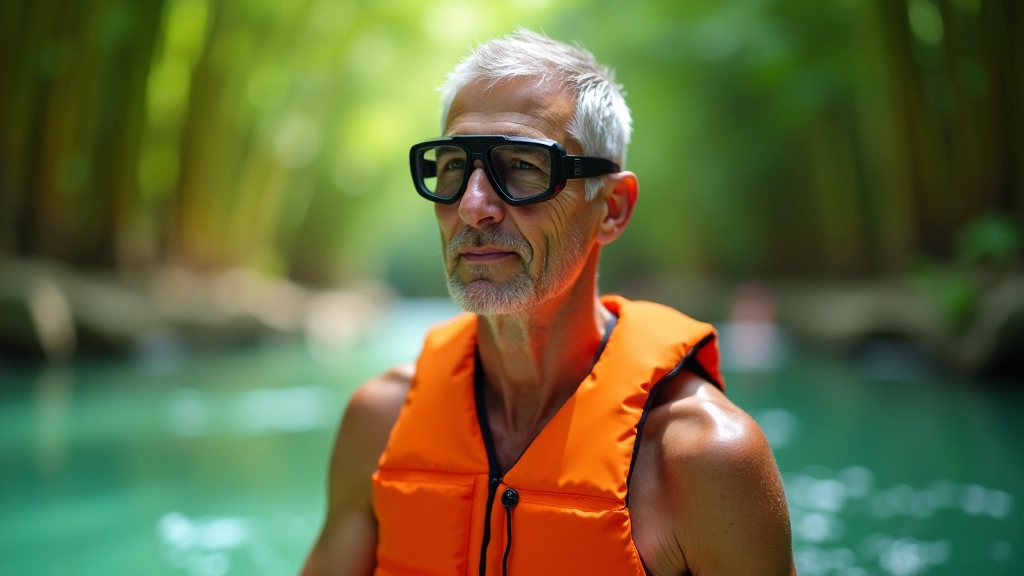 Persona usando equipo de seguridad acuática, chaleco salvavidas naranja, gafas protectoras, preparándose para entrar a una poza