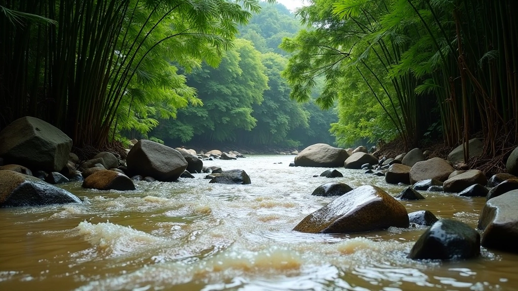 Río con corriente fuerte, agua turbulenta y marrón después de lluvia, rocas grandes, vegetación tropical mojada
