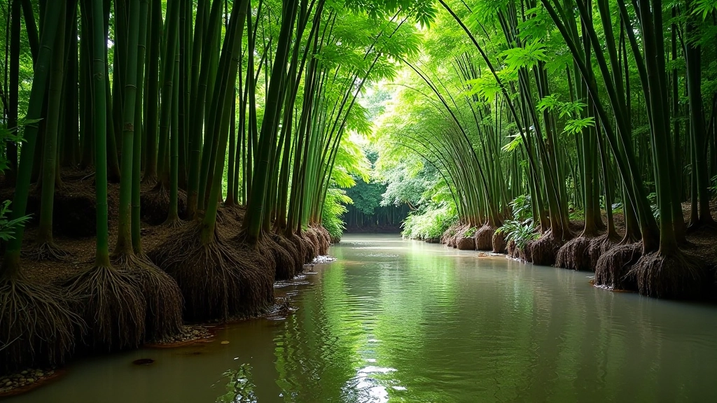 Árboles con raíces visibles al borde del río, adaptados a terrenos húmedos y variables