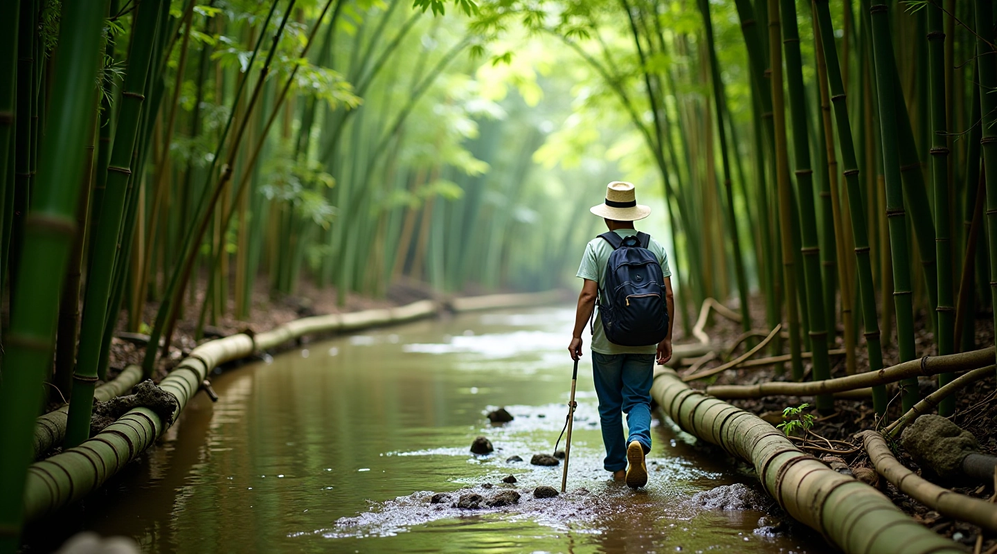 Visitante caminando responsablemente por sendero entre bambúes en las pozas del río Mameyes, preservando la naturaleza