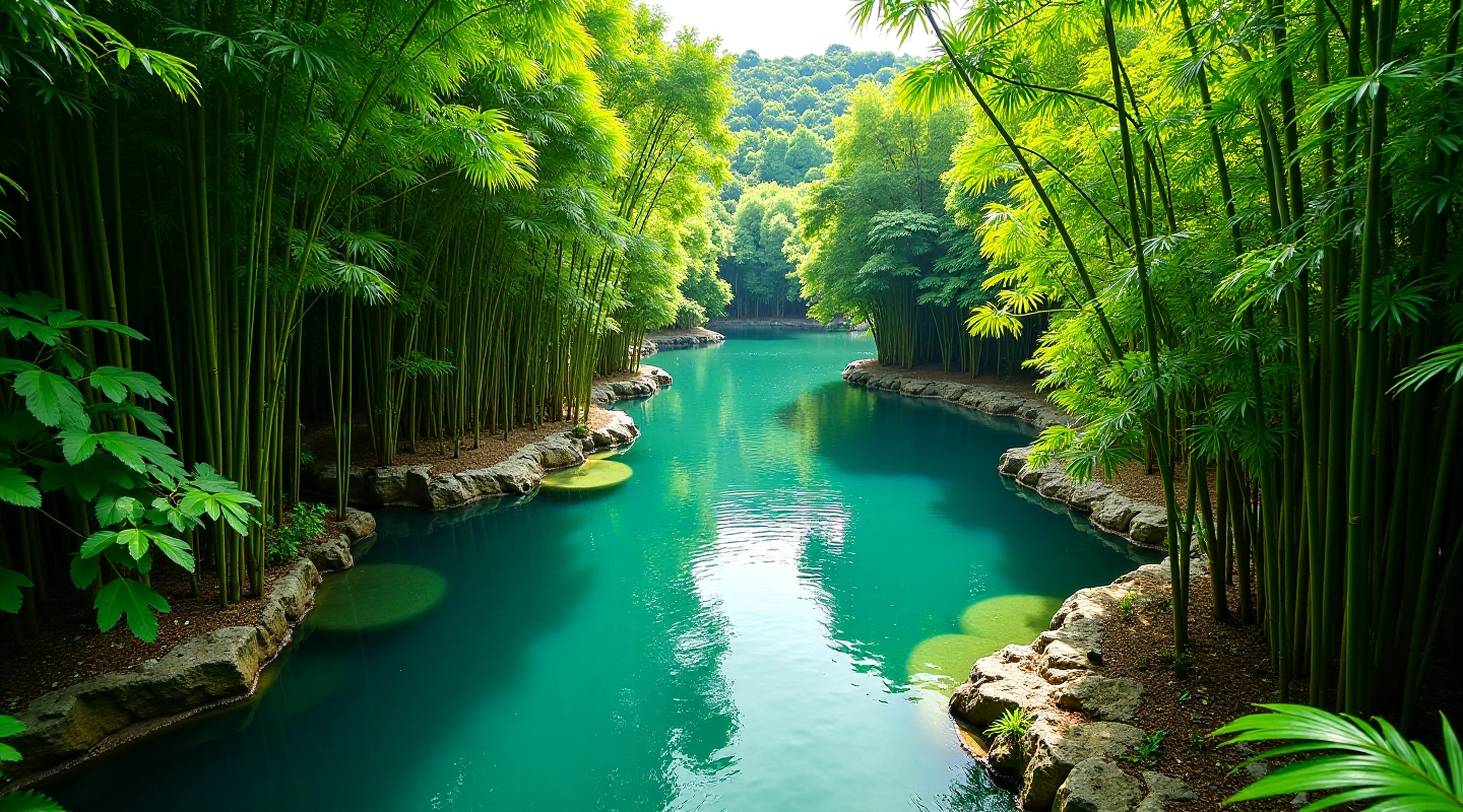 Vista aérea de las pozas del Río Mameyes rodeadas de bosque de bambú verde exuberante en Luquillo